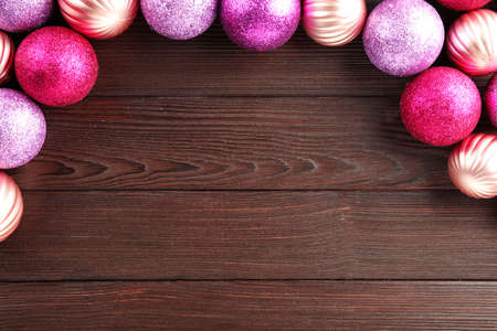 Christmas balls on wooden backgroundの写真素材