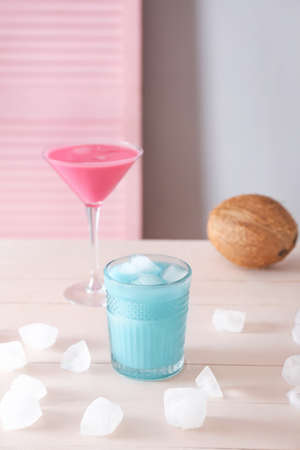 Glasses of tasty summer cocktail on tableの写真素材