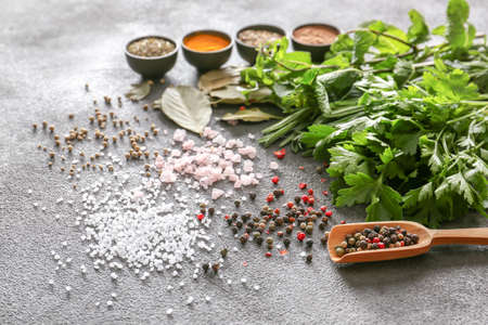 Different herbs, salt and spices on gray backgroundの写真素材