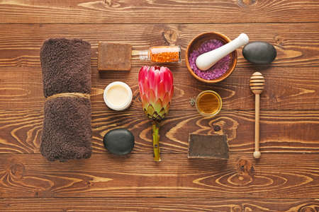 Beautiful spa composition on wooden backgroundの写真素材