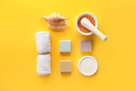 Beautiful spa composition on color background