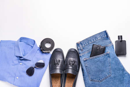 Stylish male look with jeans clothes on white backgroundの写真素材