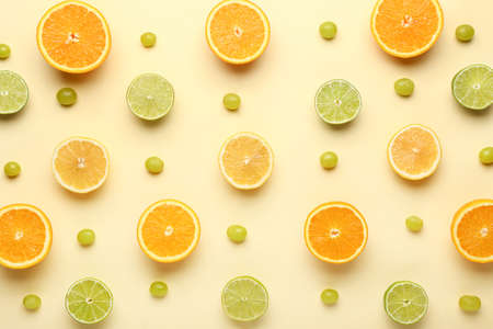 Many different fruits on color backgroundの写真素材