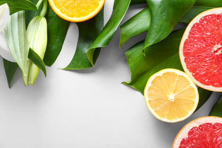Different citrus fruits, flower and tropical leaves on color backgroundの写真素材