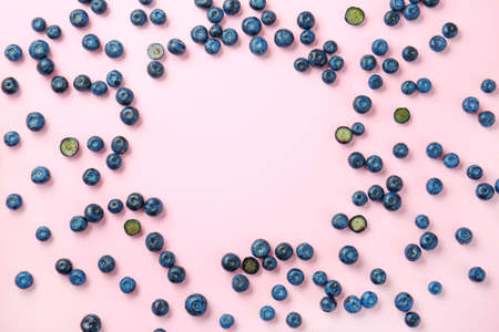 Frame made of ripe blueberry on color backgroundの写真素材