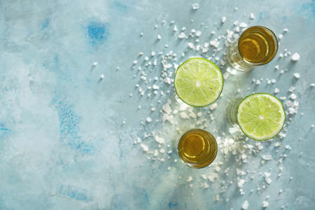 Shots of tequila on tableの写真素材
