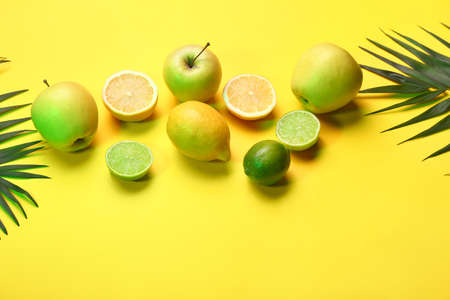 Tasty fruits and tropical leaves on color background