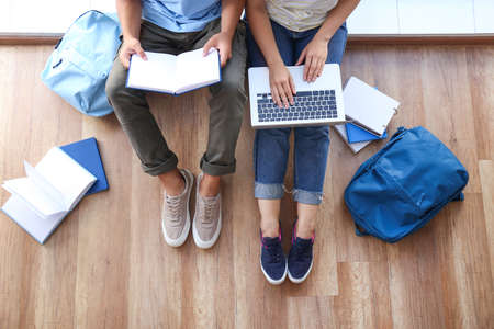 Students preparing for exam, top viewの写真素材