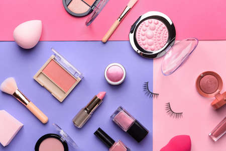 Set of makeup cosmetics on color backgroundの写真素材