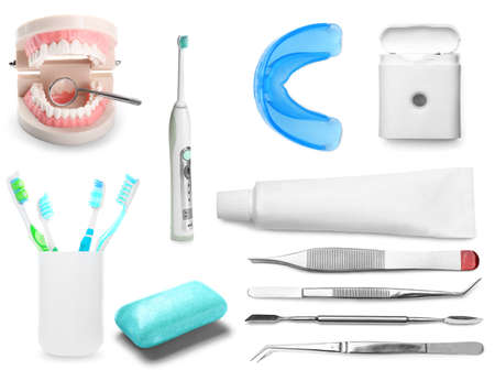 Set of dental supplies on white backgroundの写真素材