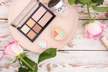 Makeup cosmetics on wooden dressing tableの写真素材