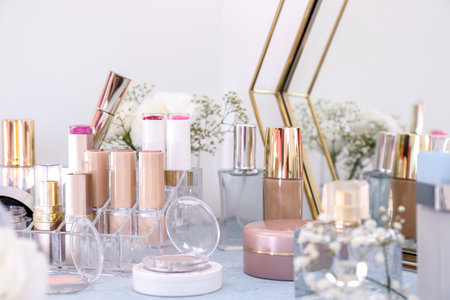 Makeup cosmetics on dressing tableの写真素材