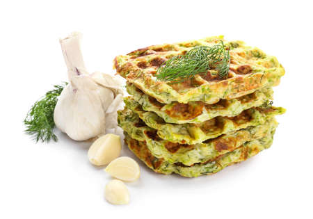 Tasty squash waffles on white backgroundの写真素材