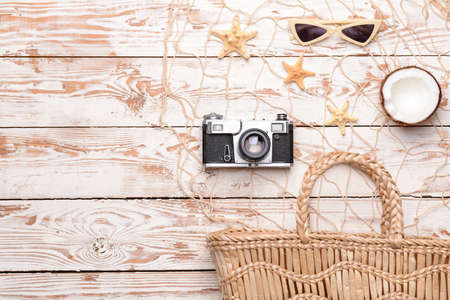 Composition with beach accessories on wooden backgroundの写真素材