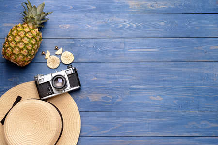 Hat, photo camera and pineapple on wooden backgroundの写真素材