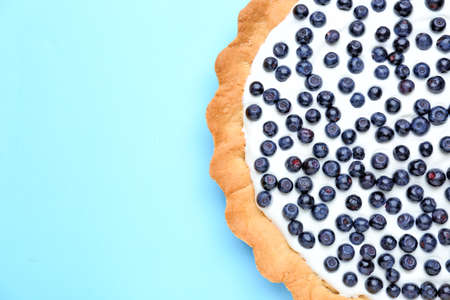 Tasty bilberry pie on color backgroundの写真素材