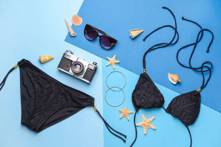 Composition with beach accessories on color backgroundの写真素材