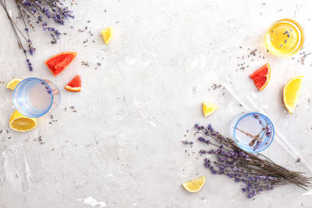 Glasses with lavender lemonade on gray backgroundの写真素材