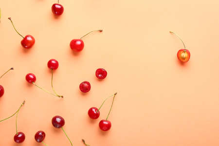 Cut cherry among whole ones on color background. Concept of uniquenessの写真素材