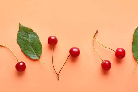Ripe sweet cherry on color backgroundの写真素材