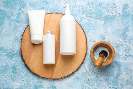 Set of cosmetic products on color backgroundの写真素材