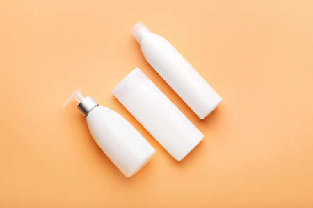 Set of cosmetic products on color background