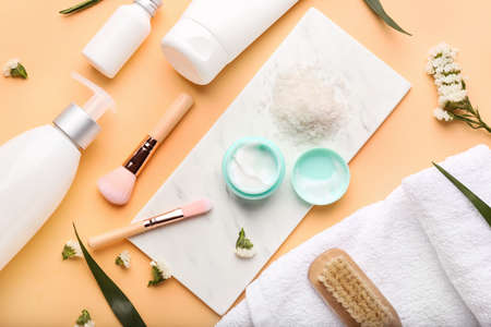 Set of cosmetic products on color backgroundの写真素材