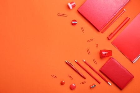Set of school supplies on color backgroundの写真素材