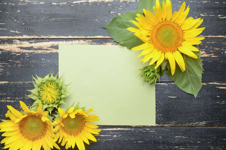 Beautiful sunflowers and blank card on wooden background