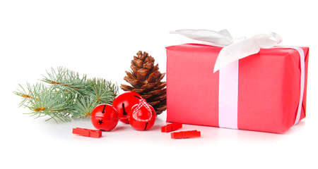 Beautiful Christmas gift box and decor on white background