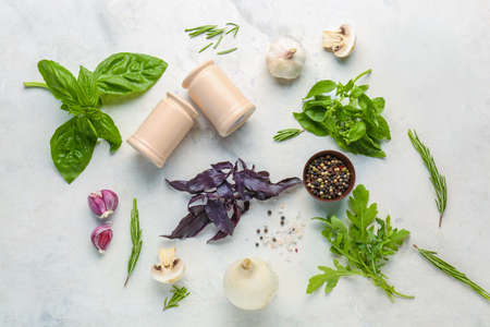 Different fresh herbs with spices and vegetables on light backgroundの写真素材