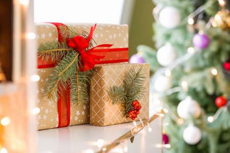 Beautiful gift boxes on table in room