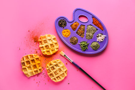 Creative composition with waffles and spices on color backgroundの写真素材