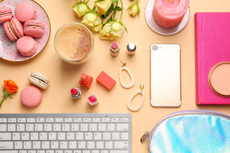 Workplace of beauty blogger on color backgroundの写真素材