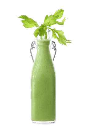 Bottle of fresh healthy smoothie on white backgroundの写真素材