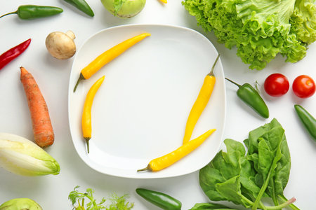 Different fresh vegetables and plate on white background