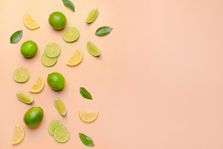 Fresh limes and lemons on color background