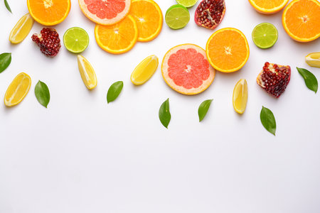 Different sliced citrus fruits on white backgroundの写真素材