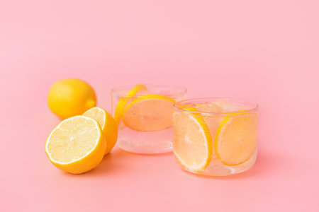 Glasses of fresh infused water with lemon on color backgroundの写真素材