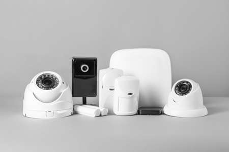 Different equipment of security system on gray backgroundの写真素材