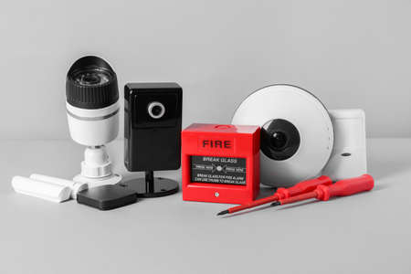 Different equipment of security system on gray backgroundの写真素材
