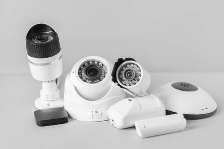 Different equipment of security system on gray backgroundの写真素材