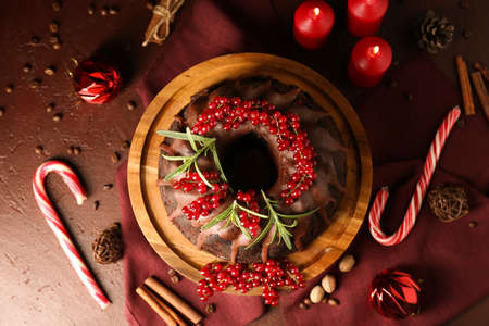 Tasty Christmas pie on tableの写真素材