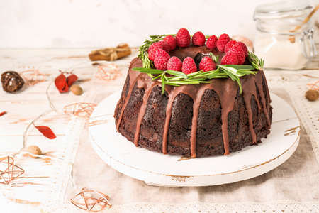 Tasty Christmas pie on white tableの写真素材