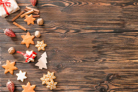 Composition with tasty Christmas cookies on wooden tableの写真素材