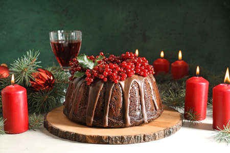 Tasty Christmas pie on tableの写真素材