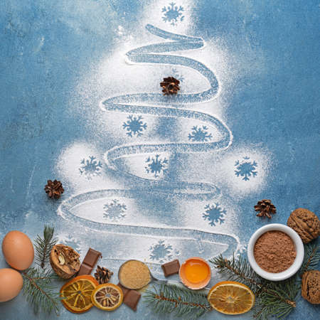 Christmas composition with ingredients for pie on color background