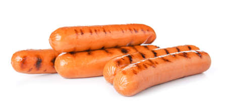 Tasty grilled sausages on white backgroundの写真素材