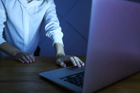 Woman working on laptop at table in evening