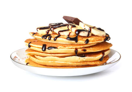 Plate with tasty pancakes on white backgroundの写真素材